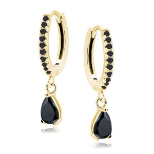 Cercei rotunzi argint placati cu aur galben cu pietre negre Teardrop DiAmanti Z1999DEG_B-DIA (Argint 925‰ 2 g.)